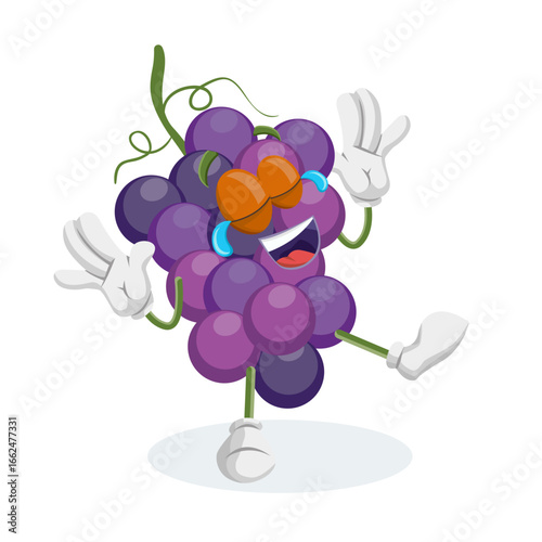 A hilarious cartoon character of purple grapes, crying with laughter and holding its stomach. This illustration is perfect for conveying humor, joy, or an "LOL" moment in memes, social media content, 