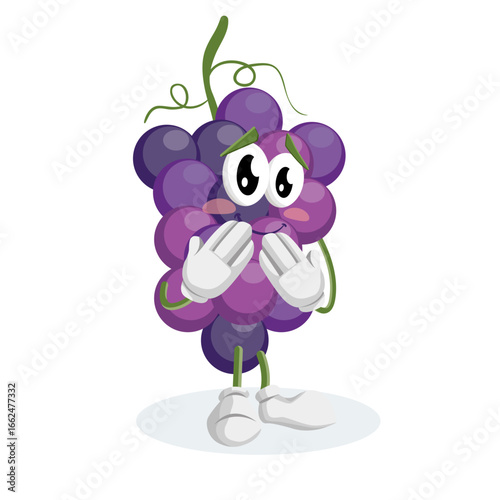 A shy and bashful bunch of purple grapes, covering his face with his hands. This character is ideal for expressing shyness, humor, or embarrassment in digital graphics, social media posts, and comic s