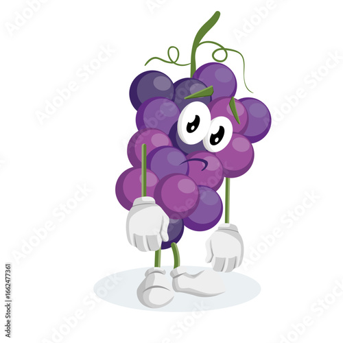 A cute, cartoon bunch of purple grapes with a face, arms, and legs. He's standing and looking forward with a neutral, slightly confused expression. This playful character is perfect for designs, stick