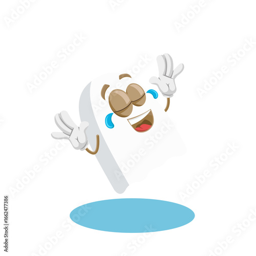 A joyful tooth character laughing out loud with its eyes closed and one hand on its stomach, showing great delight