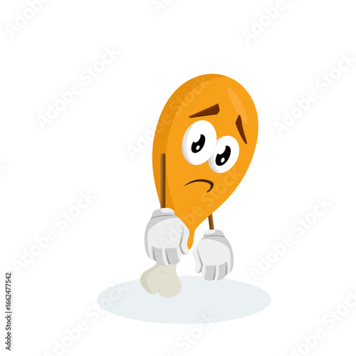 A fried chicken leg character with a pouting or shy expression, looking down with its hands behind its back, conveying a sense of bashfulness or sadness