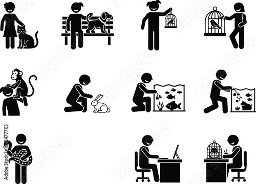 Diverse silhouettes depicting people caring for various animals and pets in different settings