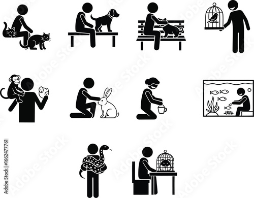 Diverse stick figure icons illustrate various human animal interactions including pet care and training activities