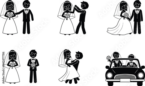 Charming wedding illustrations depict couples in various celebratory moments including dancing and arriving in a classic car