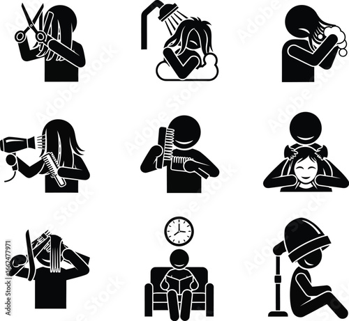 Stylized icons depicting various hair salon services and treatments performed by stylists