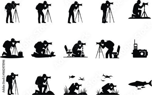 Diverse silhouette collection of photographers capturing nature and wildlife in various poses and settings