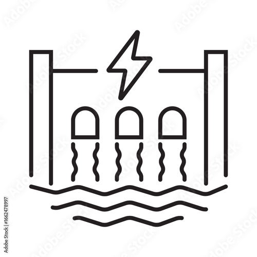 Hydroelectric dam generating electricity with flowing water power. Perfect for renewable energy, power generation, green technology, environmental concepts.