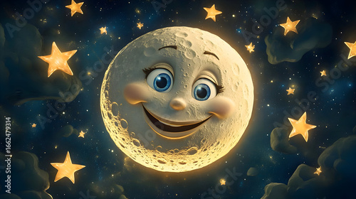 Smiling cartoon moon in night sky