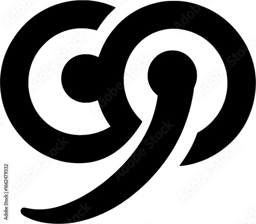 Intricate black and white graphic design with interconnected circles and flowing lines.