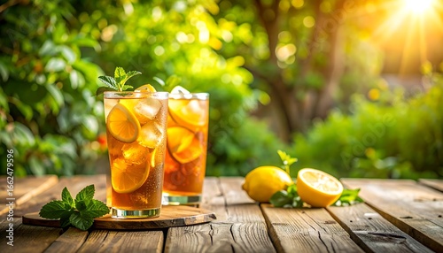Iced tea drinks on a wooden table in a garden setting