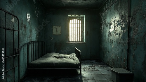 Derelict asylum room with iron bed, bars, aged walls, and cross