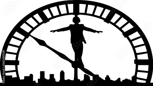 Silhouette of a person standing on a clock hand above a city skyline with arms outstretched in black and white