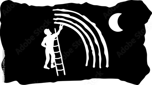 Man climbs ladder to paint rainbow at night with moon in black and white illustration style image silhouette