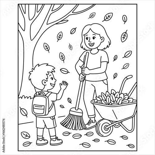 Autumn Leaves Raking Coloring Page for Kids