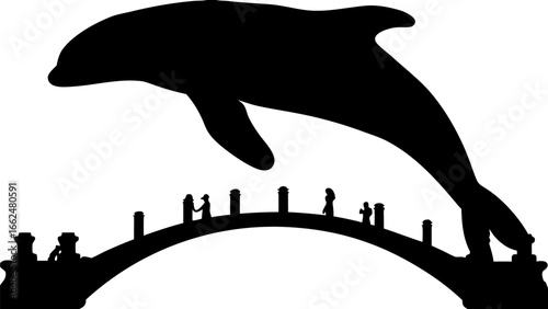 Silhouette of a dolphin jumping over a bridge with people and pillars in black and white artwork style