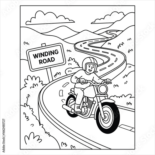 Motorcycle Rider on Winding Road Coloring Page