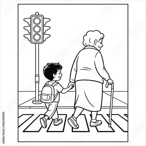 Boy Helping Elderly Woman Crosswalk Coloring Page