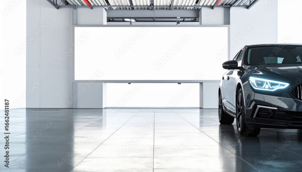 Naklejka premium Sleek Dark Sedan with Luminous LED Headlights in a Modern Hangar with a Blank Billboard.