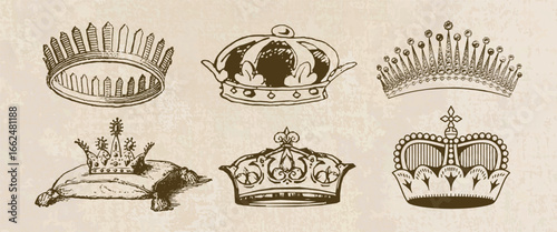 Vintage crowns illustration. Six ornate crowns, sketched with intricate details. Antique style crowns, royal and regal, showcasing elegant crown designs. Vintage elements vector set.