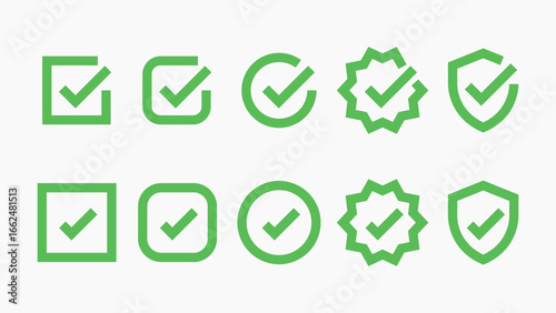 Green checkmark icons in various shapes: square, circle, starburst, shield. Symbols of approval, verification, and success. Checkmarks in different designs. Vector element set.