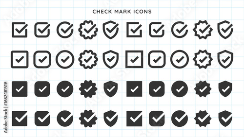 Set of check mark icons in various styles. Includes check marks in circles, squares, and shields. Simple and bold check mark designs for versatile use. Vector element set.