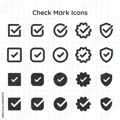 Set of check mark icons in various styles. Check marks in circles, squares, and shields. Black check marks on a grid background. Check mark icons for design. Vector element set.