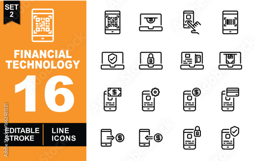 Financial Technology line icon set. Vector pictograms of QRcode, phone, laptop, touch, barcode, shield, lock, creditcard, money, gear, coin, send, transfer. Editable stroke. Vector illustration