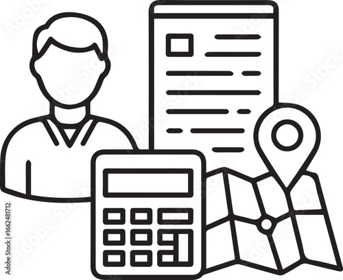 Accountant's planning for business expansion with financial reports, location map, and calculator, illustrating strategic decision making in commerce