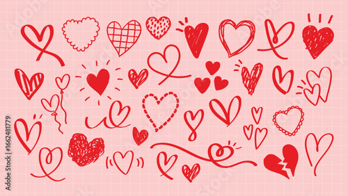 Various red heart doodles on a pink background. Hearts are drawn in different styles, showcasing creativity and love. Heart designs vary in size and shape. Cute hand drawn Valentine's Day vector set.