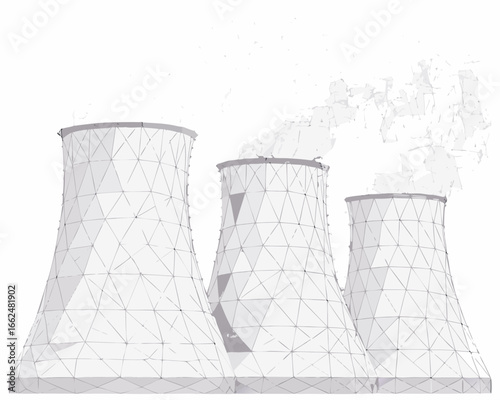 Three industrial cooling towers emitting steam against a white background