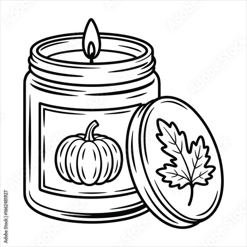 Pumpkin Candle Coloring Page Autumn Jar Candle with Leaf Lid Illustration