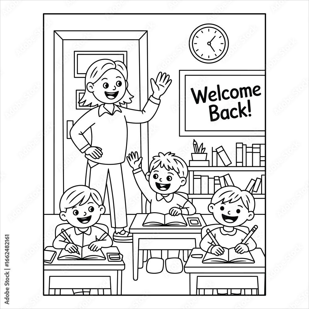 Obraz premium Back to School Coloring Page. Teacher and Students in Classroom Illustration