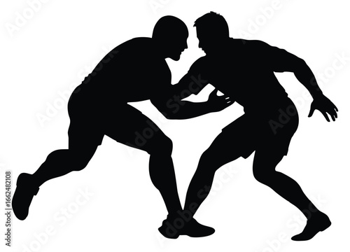 Competitive wrestling athletes grapple in intense match for dominance and victory