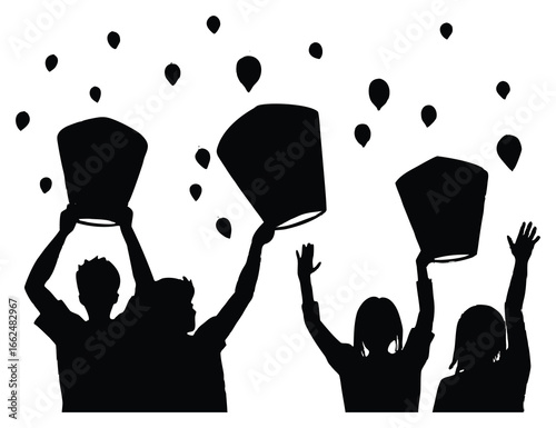 People releasing sky lanterns in black and white illustration for celebration