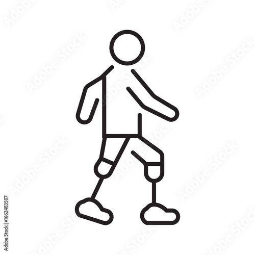 Stick figure with prosthetic legs, walking confidently. Suitable for medical, disability, rehabilitation, and diversity themed designs and projects.