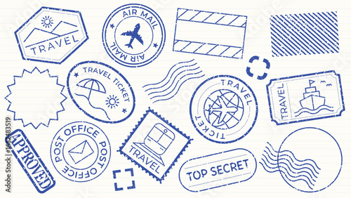 Collection of blue travel stamps featuring airplanes, ships, and travel themes. Includes 'Approved' and 'Top Secret' stamps, perfect for travel designs. Blue travel stamps, vector set.