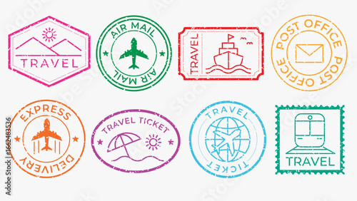 Colorful travel stamps featuring planes, ships, and trains. Travel-themed stamps in various shapes, ideal for travel enthusiasts and travel-themed projects. Colorful stamps, vector set.