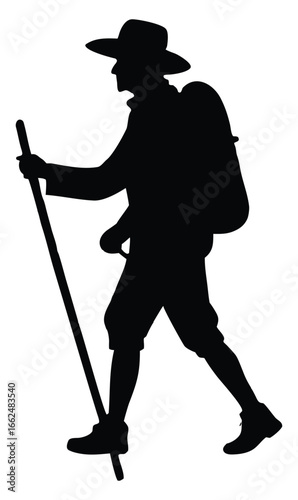 Silhouette of a Hiker with Backpack and Walking Stick on White Background