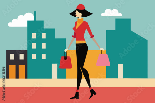 Stylish Woman Walking in City Street with Shopping Bags Lifestyle