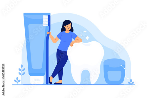 Woman holding toothbrush, standing next to a  toothpaste, tooth, dental floss. Oral hygiene, dental care, healthy teeth, cavity prevention, dentistry concept. Illustation isolated on white background