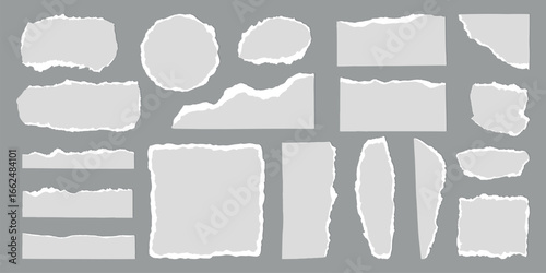 Collection of torn paper edges in various shapes. Torn paper textures, ripped paper designs, and jagged paper edges on a gray background. Gray element vector set.