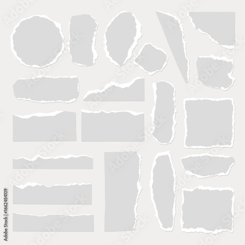Collection of torn paper pieces. Torn edges, ripped paper, various shapes. Torn paper texture, ripped paper look, torn paper design elements. Gray element vector set.