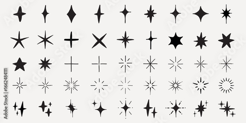 A collection of star shapes, featuring various star designs. These star shapes vary in style, showcasing unique star patterns and star silhouettes. Element vector set.