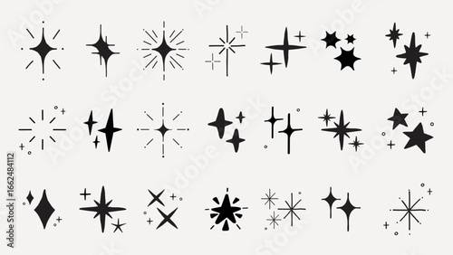 Set of 20 black starburst and sparkle icons on a white background. Starburst designs vary in shape and size. Sparkle icons add a decorative touch. Element vector set.