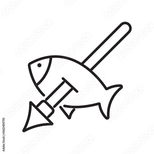 Outline drawing of a fish speared by a harpoon suitable for fishing, hunting, marine life, and underwater themes in design projects.