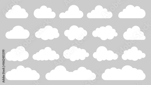 Collection of white cloud icons on a gray background. Various cloud shapes, cloud patterns, and cloud designs. Perfect for weather or nature themes. Weather illustration, vector set.