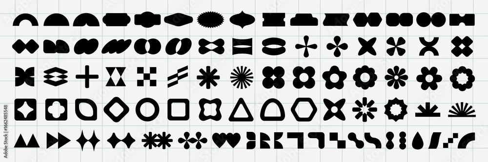 Vectors. Collection of abstract black shapes on a grid. Various geometric designs, including circles, squares, and triangles. Bold shapes create a striking visual pattern. Black shapes, vector set.