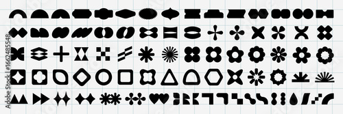 Vectors. Collection of abstract black shapes on a grid. Various geometric designs, including circles, squares, and triangles. Bold shapes create a striking visual pattern. Black shapes, vector set.