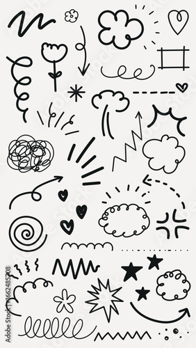 A collection of black doodles on a white background, featuring clouds, arrows, hearts, and spirals. Doodles include clouds, arrows, and hearts in various styles. Black hand drawn elements, vector set.