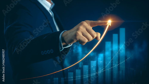 Businessman hand pointing at rising digital financial graph with glowing arrow, representing business growth, investment success, corporate profit, financial progress and upward economic trend